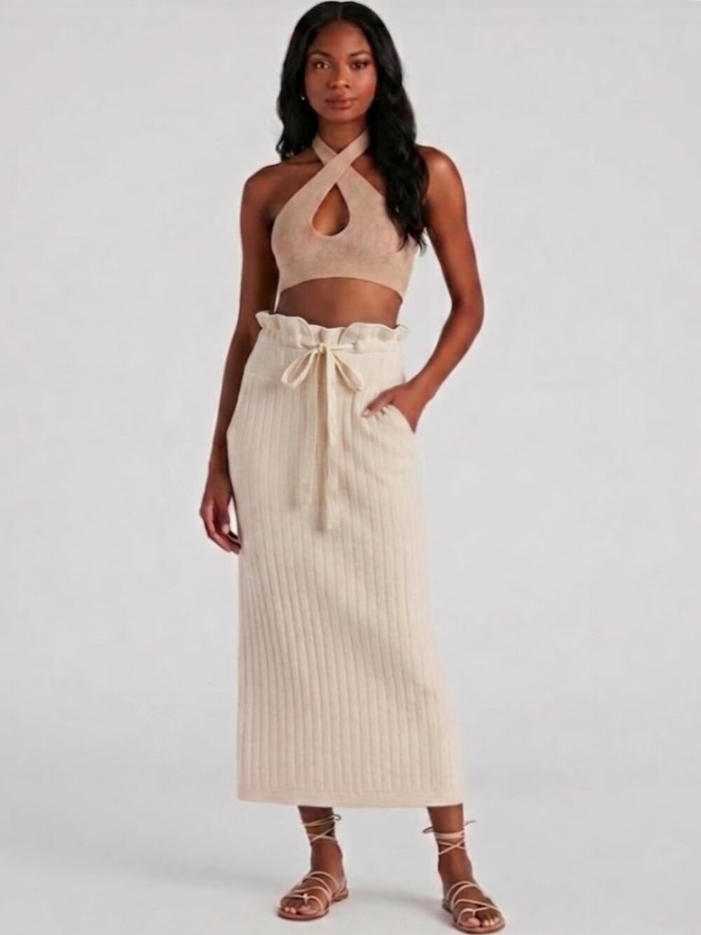 FP Beach by Free People Ribbed Knit Pocket Midi Skirt in Cream, L